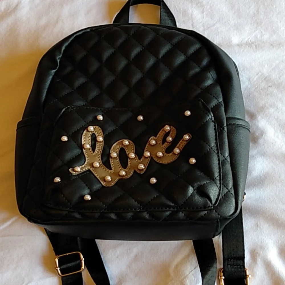 Olivia Miller Quilted‎ Black Mini Backpack Love Pearl Embellished Faux Leather